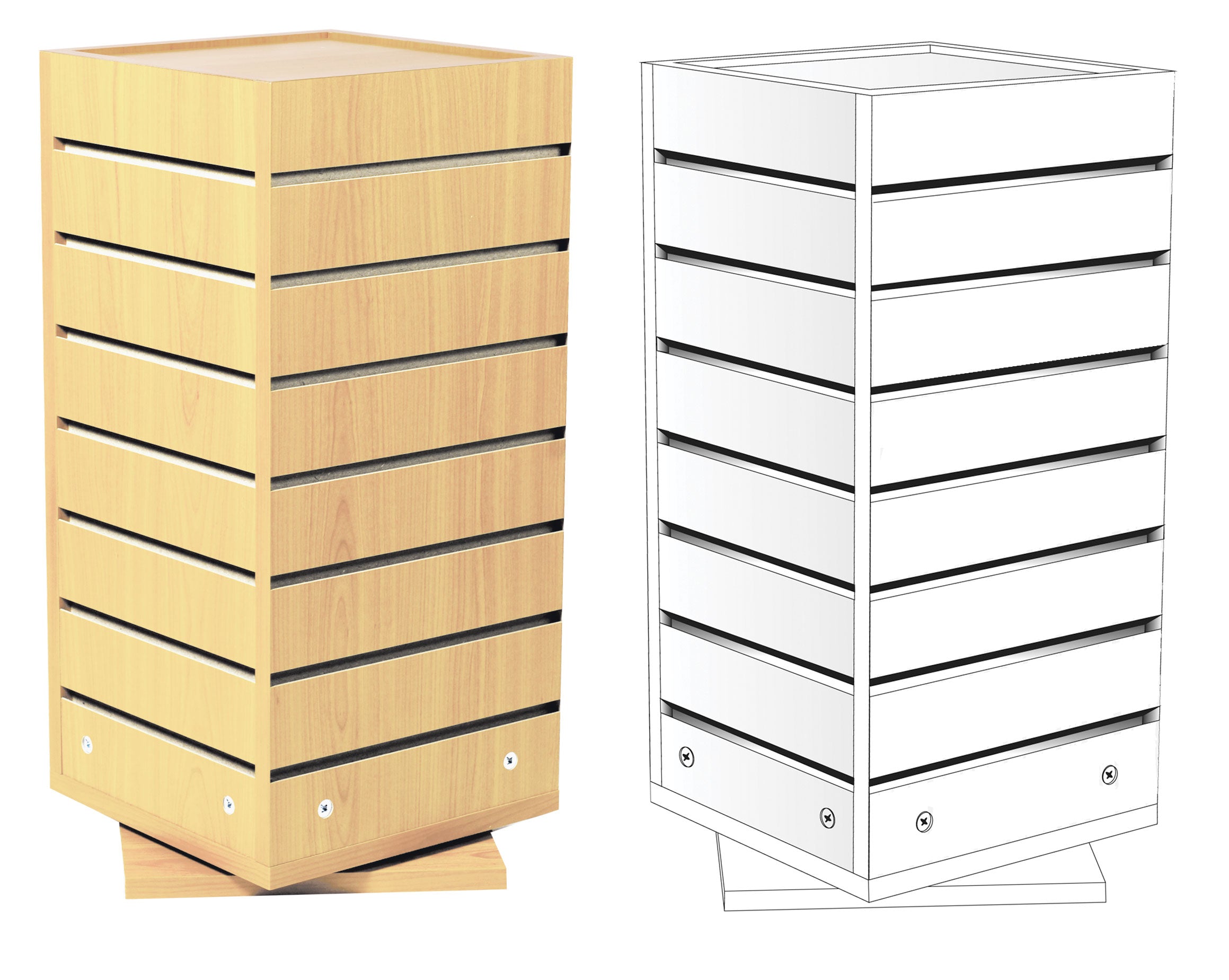 White and maple laminate countertop slatwall spinners
