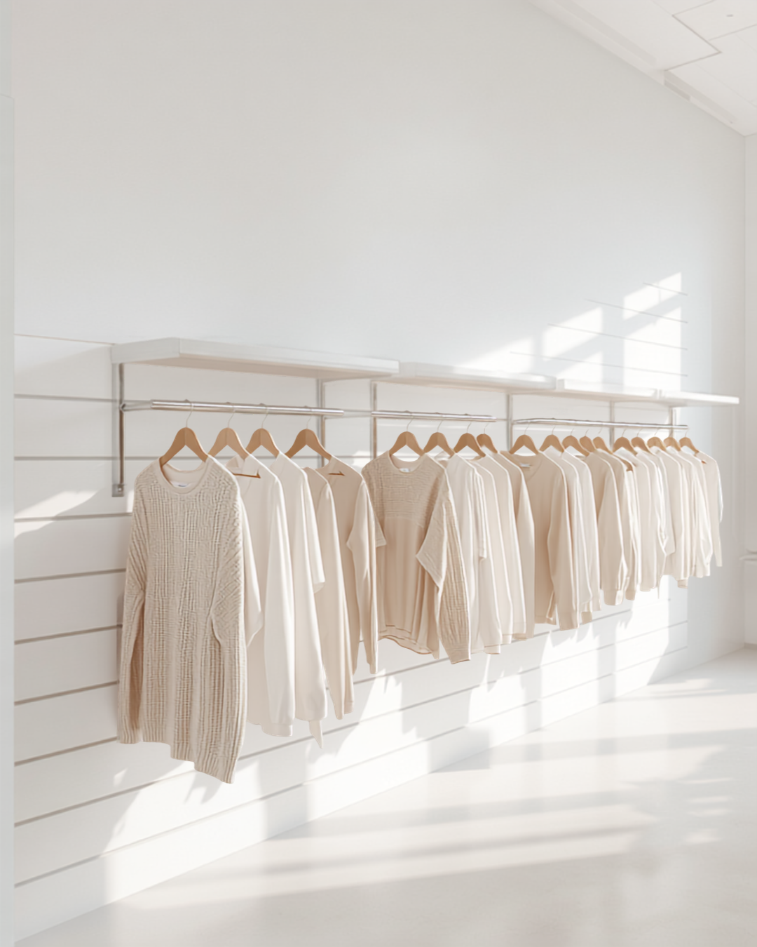 White slatwall wall with hanging garments in a bright retail store