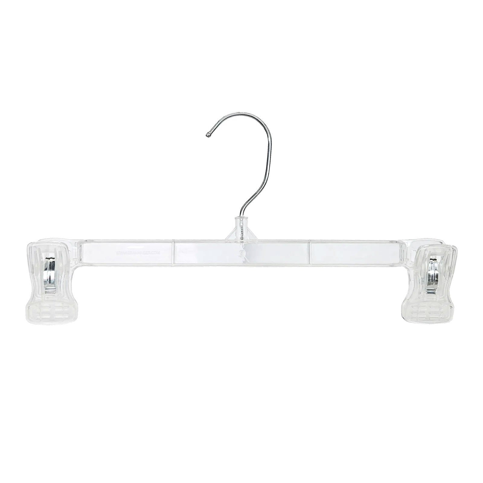 Clear plastic pinchclip hanger with two clips on a white background