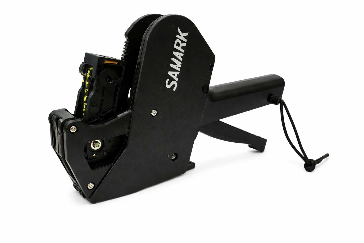 Black Samark label printer on a white background