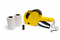 Yellow label gun with rolls of tape on a white background