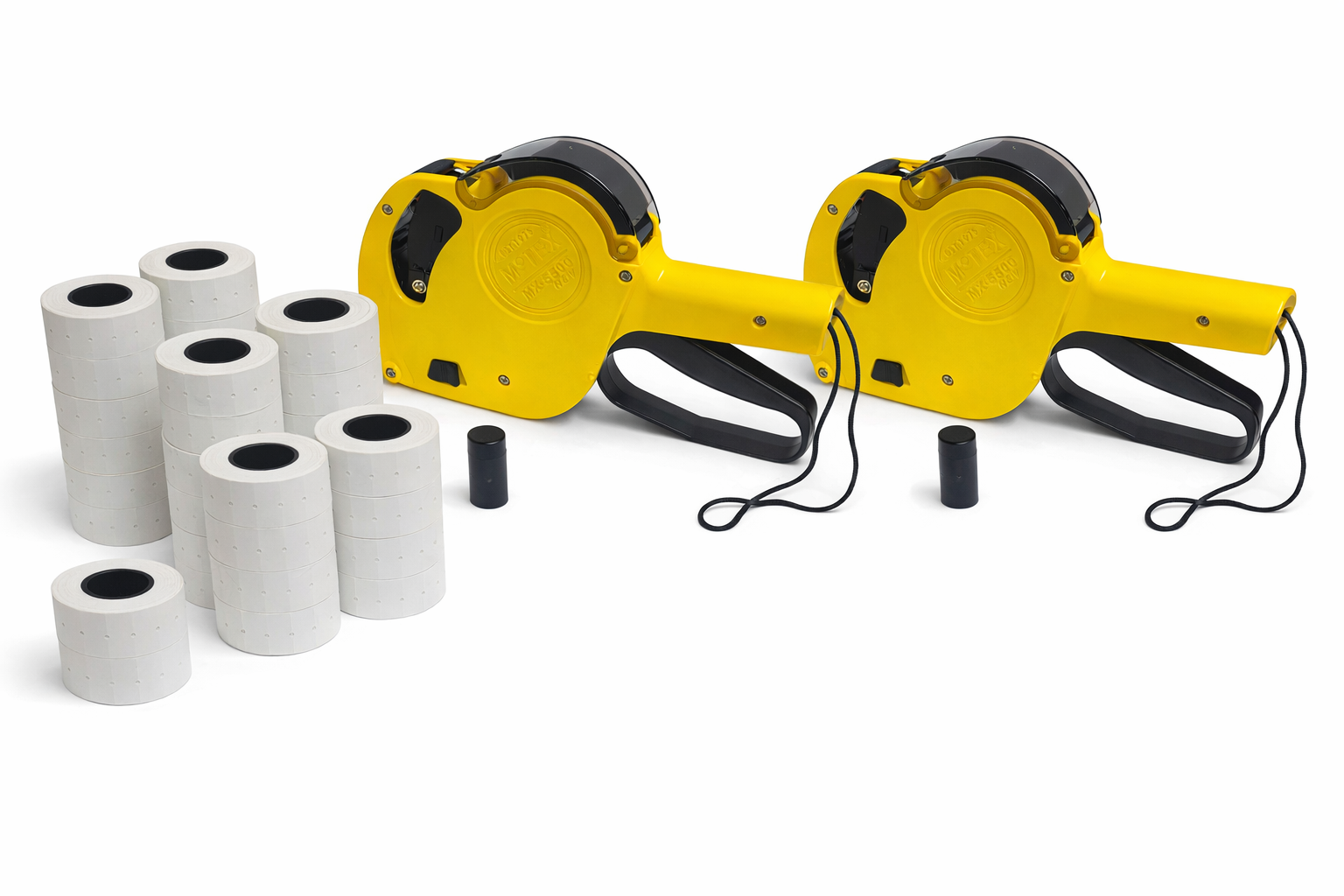 Two yellow tape measure guns with rolls of tape on a white background