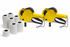 Two yellow tape measure guns with rolls of tape on a white background