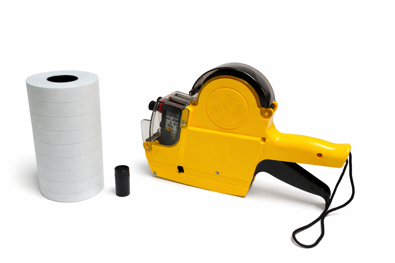 Yellow label printer with a roll of labels on a white background