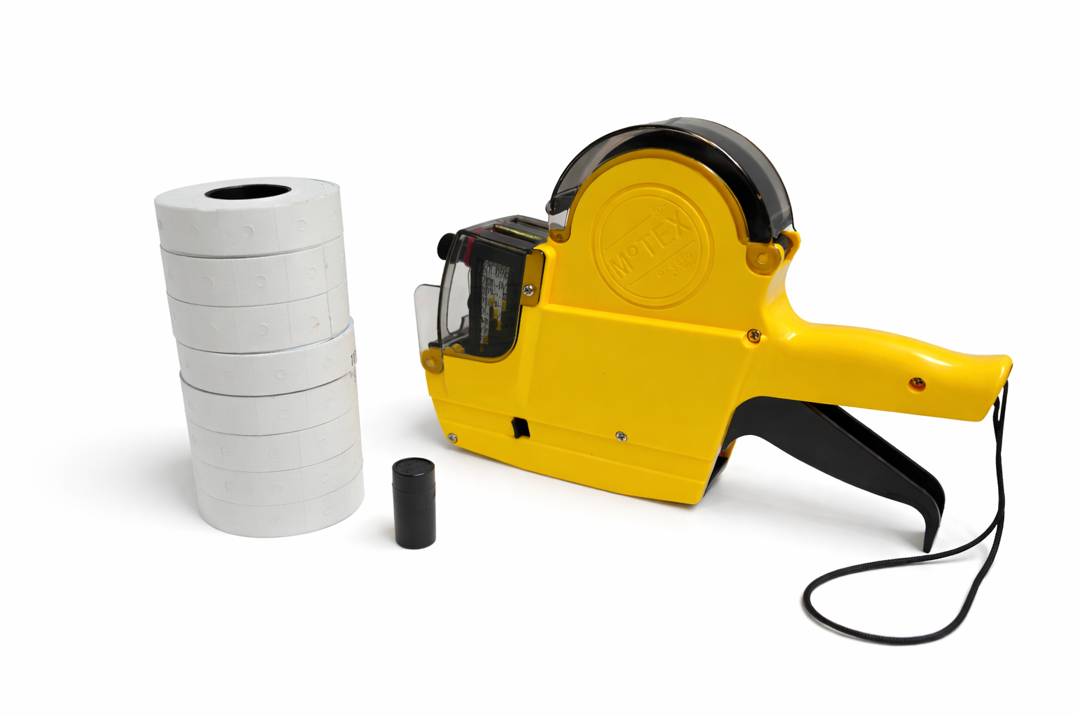 Yellow label printer with a roll of labels on a white background