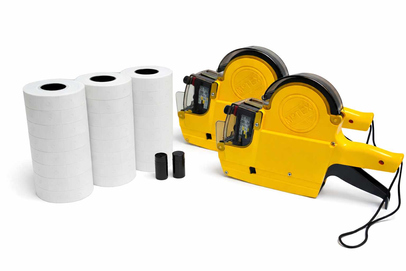 Yellow label printer with rolls of labels on a white background