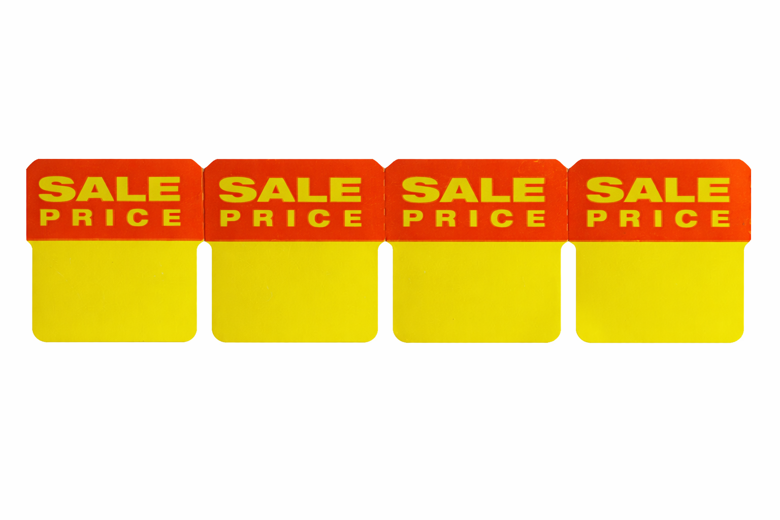 Four red and yellow 'SALE PRICE' tags on a white background