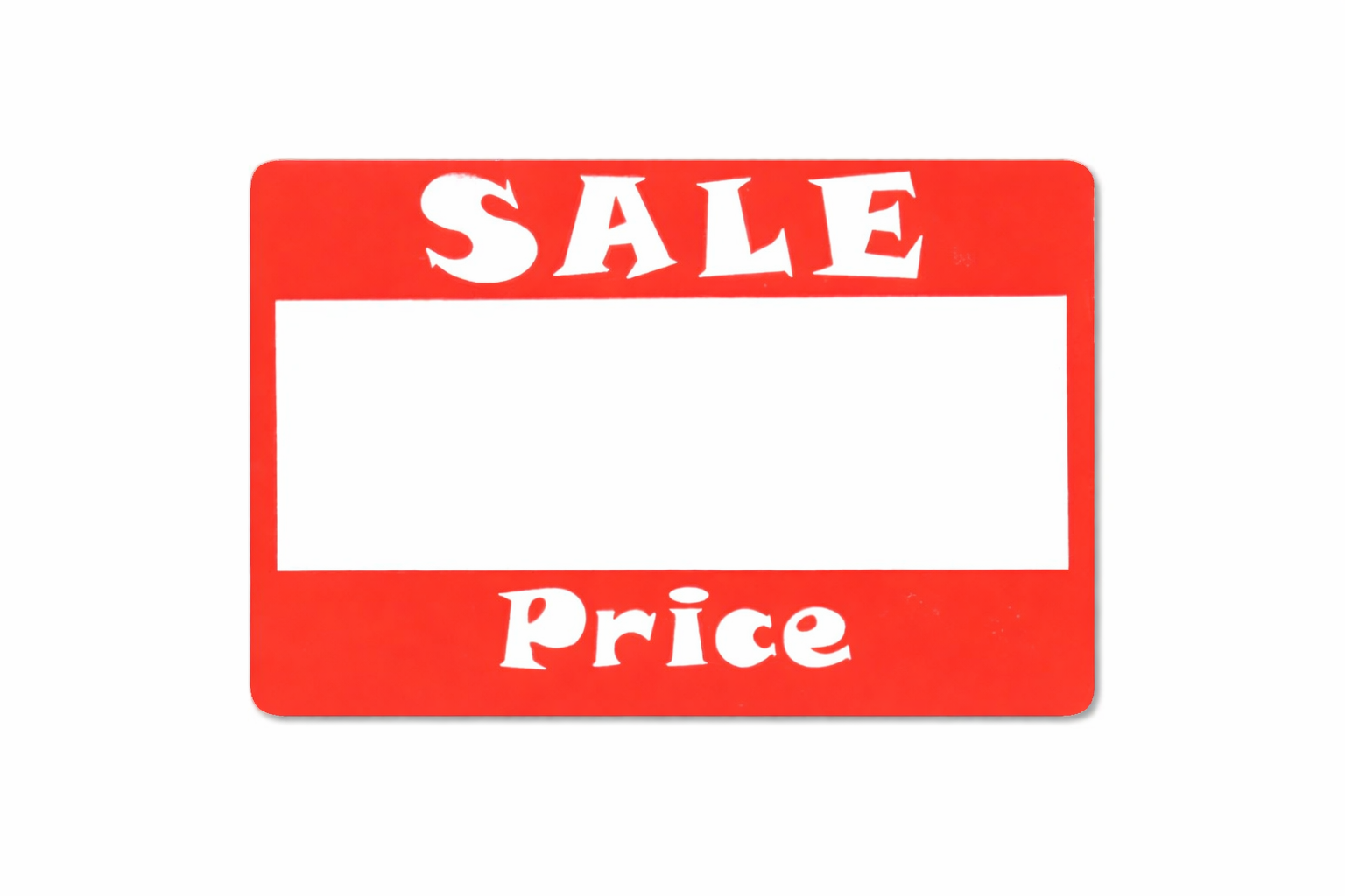 Red sale price tag with white text on a white background