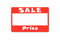 Red sale price tag with white text on a white background