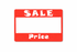 Red sale price tag with white text on a white background