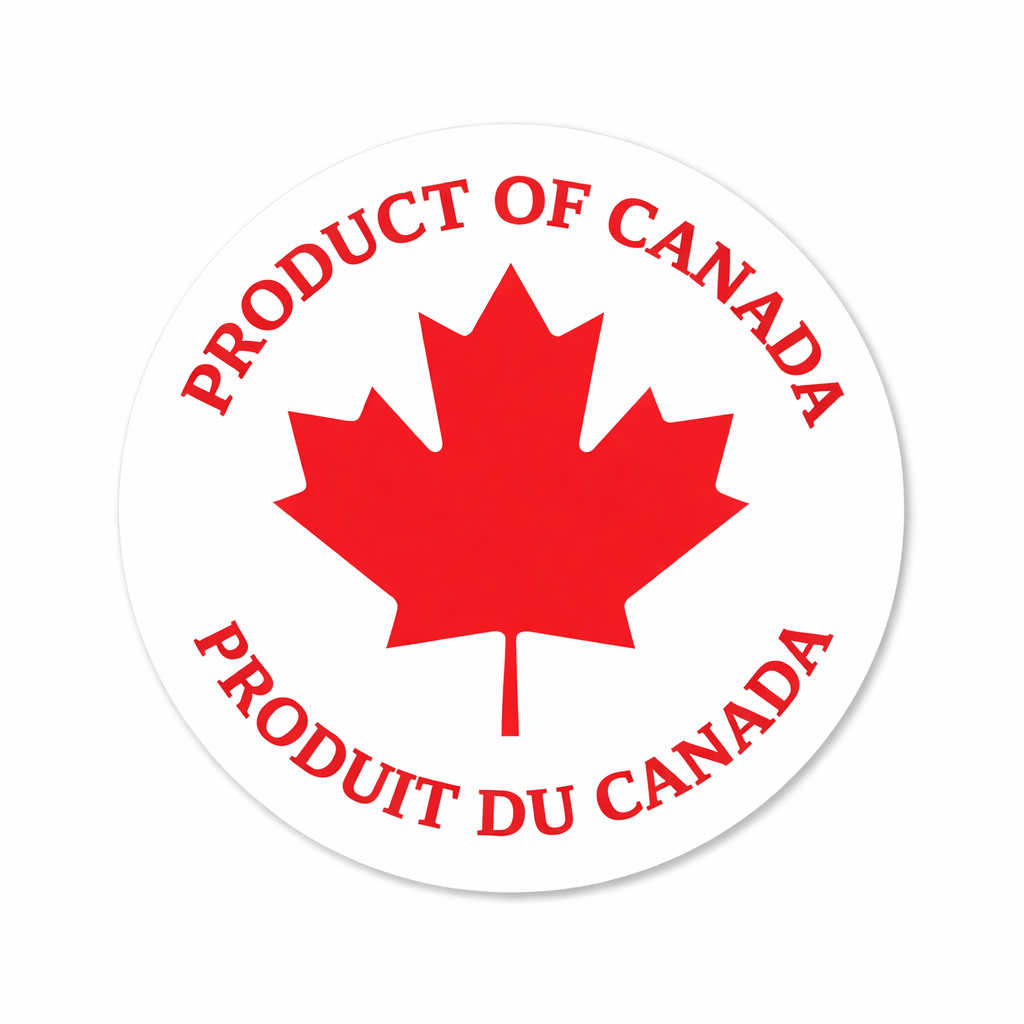 Round sticker with red maple leaf and 'Product of Canada' text on a white background
