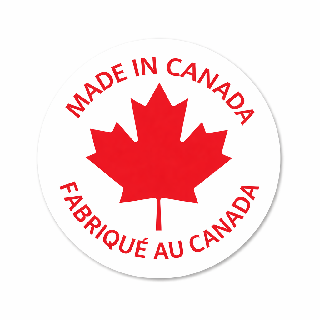 Round sticker with red maple leaf and 'Made in Canada' text on a white background
