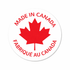 Round sticker with red maple leaf and 'Made in Canada' text on a white background