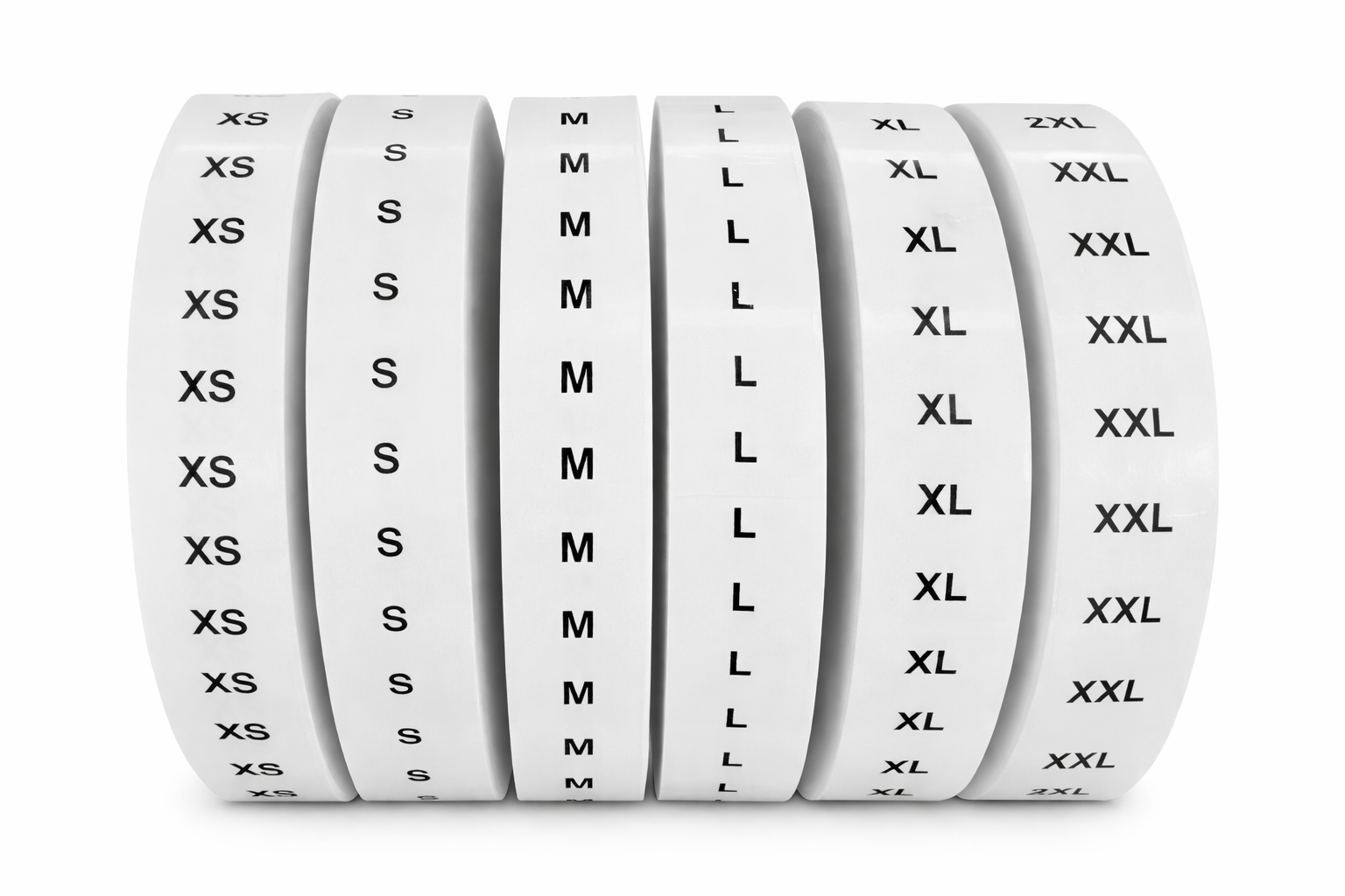 Set of white size labels with black text on a white background