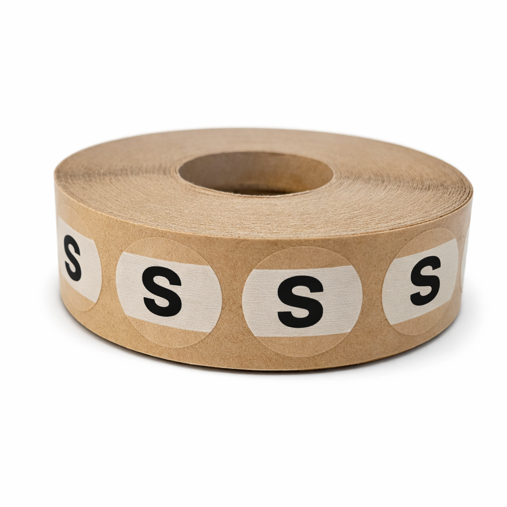 Roll of brown paper tape with black 'S' labels on a white background