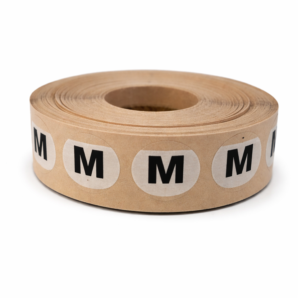 Roll of brown paper tape with 'M' labels on a white background