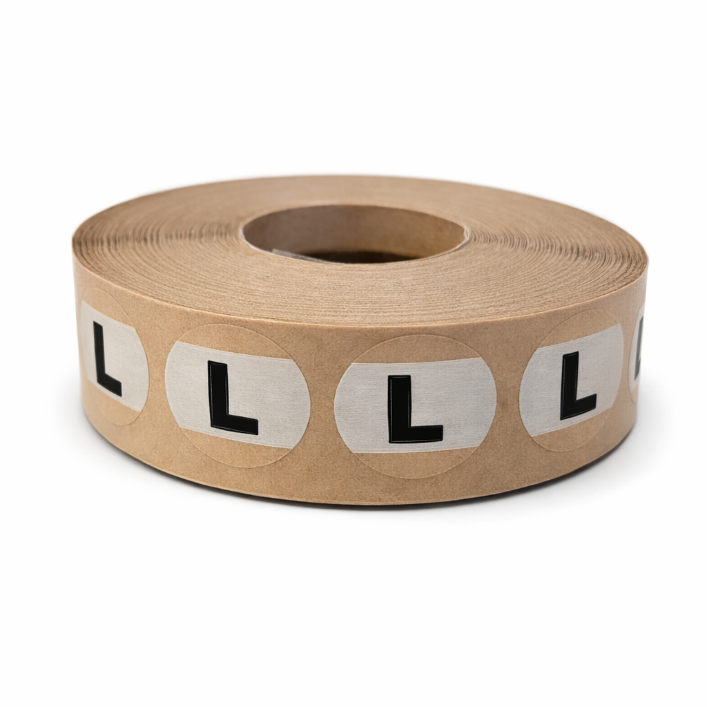 Roll of brown paper labels with 'L' printed on them against a white background