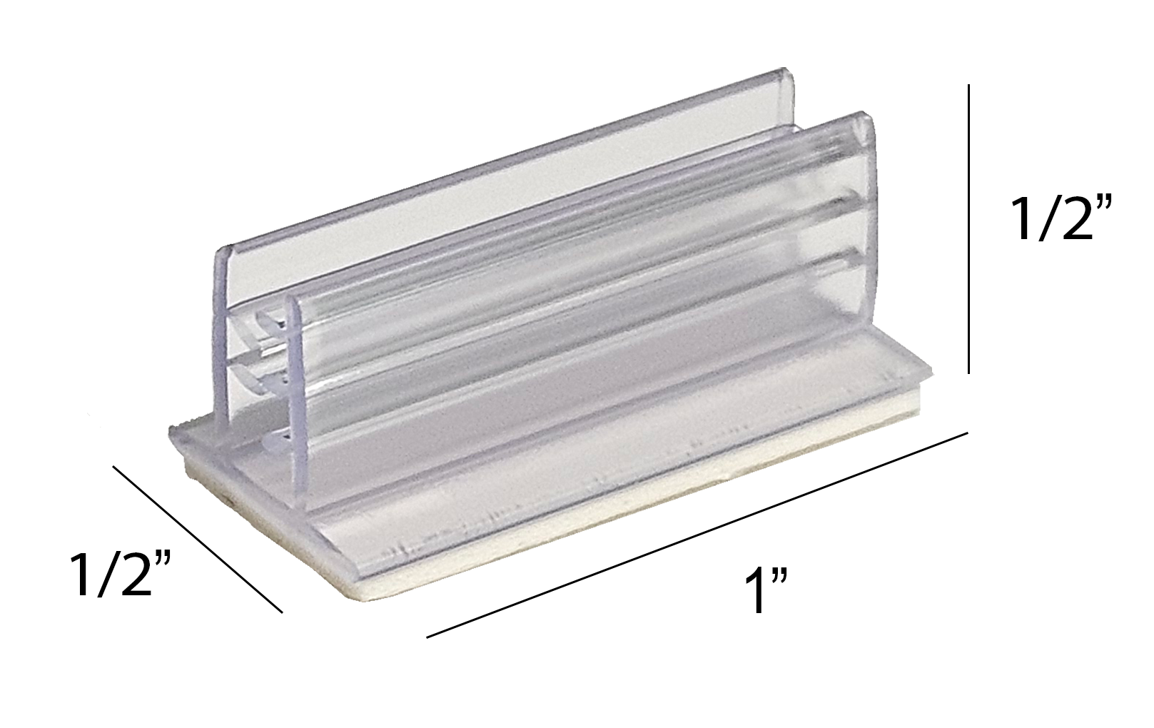 Clear plastic sign holder with dimensions on a white background
