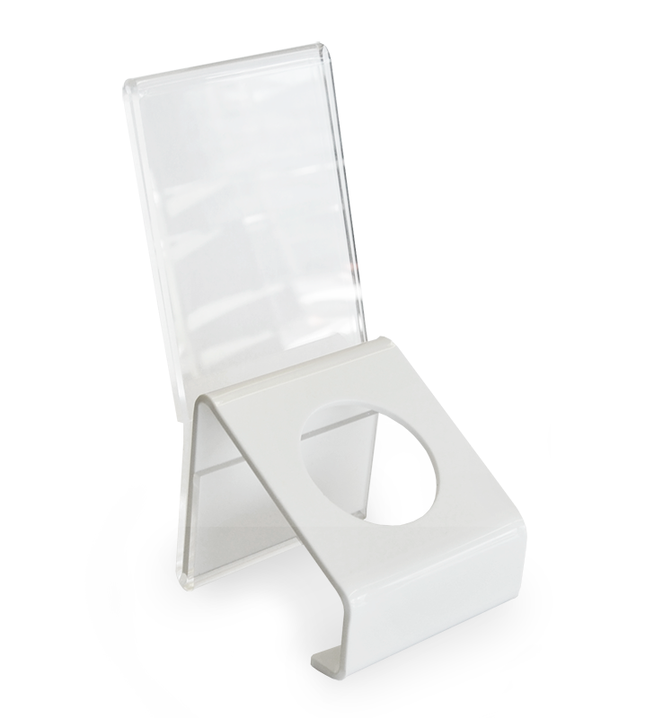 Angled Stand For Aroma Orb™ | White Acrylic | Optional Sign Holder - Eddie's Hang-Up Display Ltd.