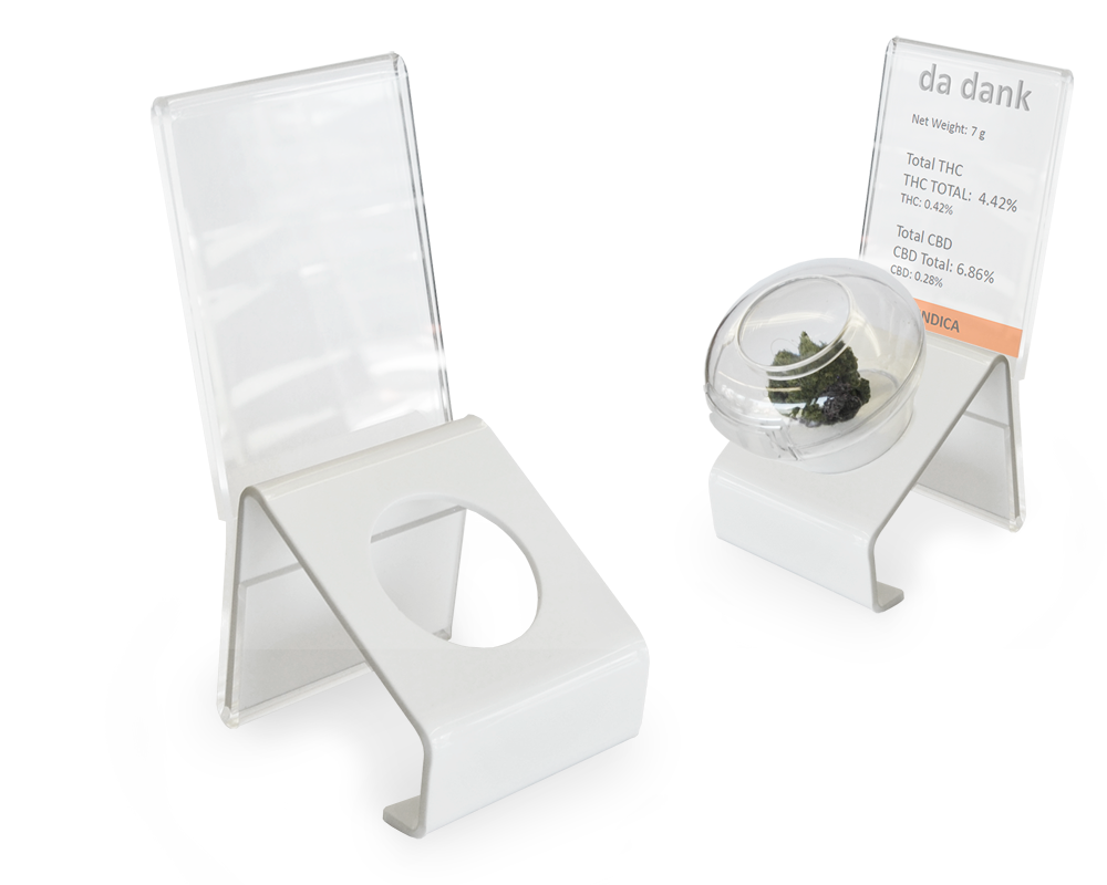 Angled Stand For Aroma Orb™ | White Acrylic | Optional Sign Holder - Eddie's Hang-Up Display Ltd.