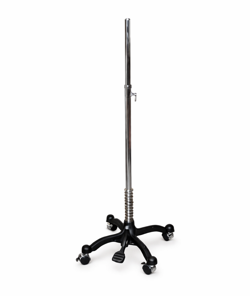 Black adjustable stand with wheels on a white background