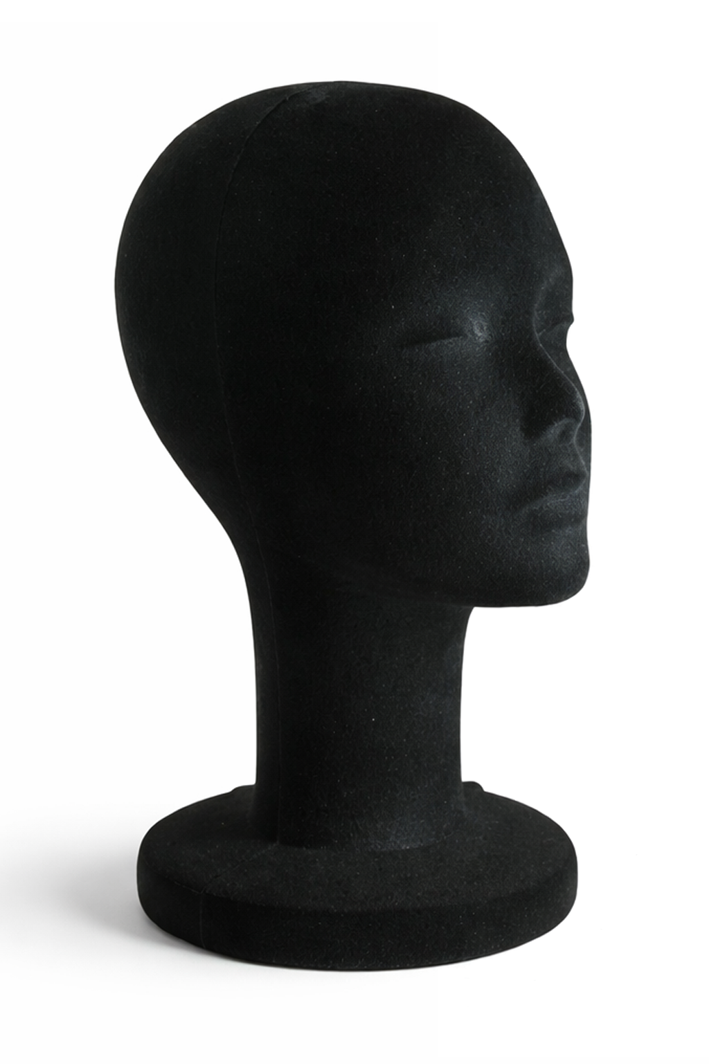 black flocked female head form on a white background