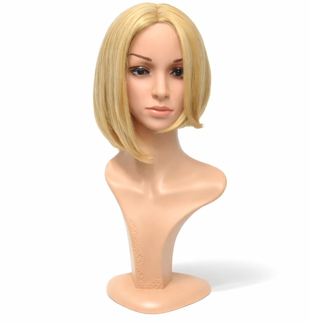 Blonde wig on a mannequin head against a white background