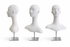 Three white mannequin heads on stands against a white background