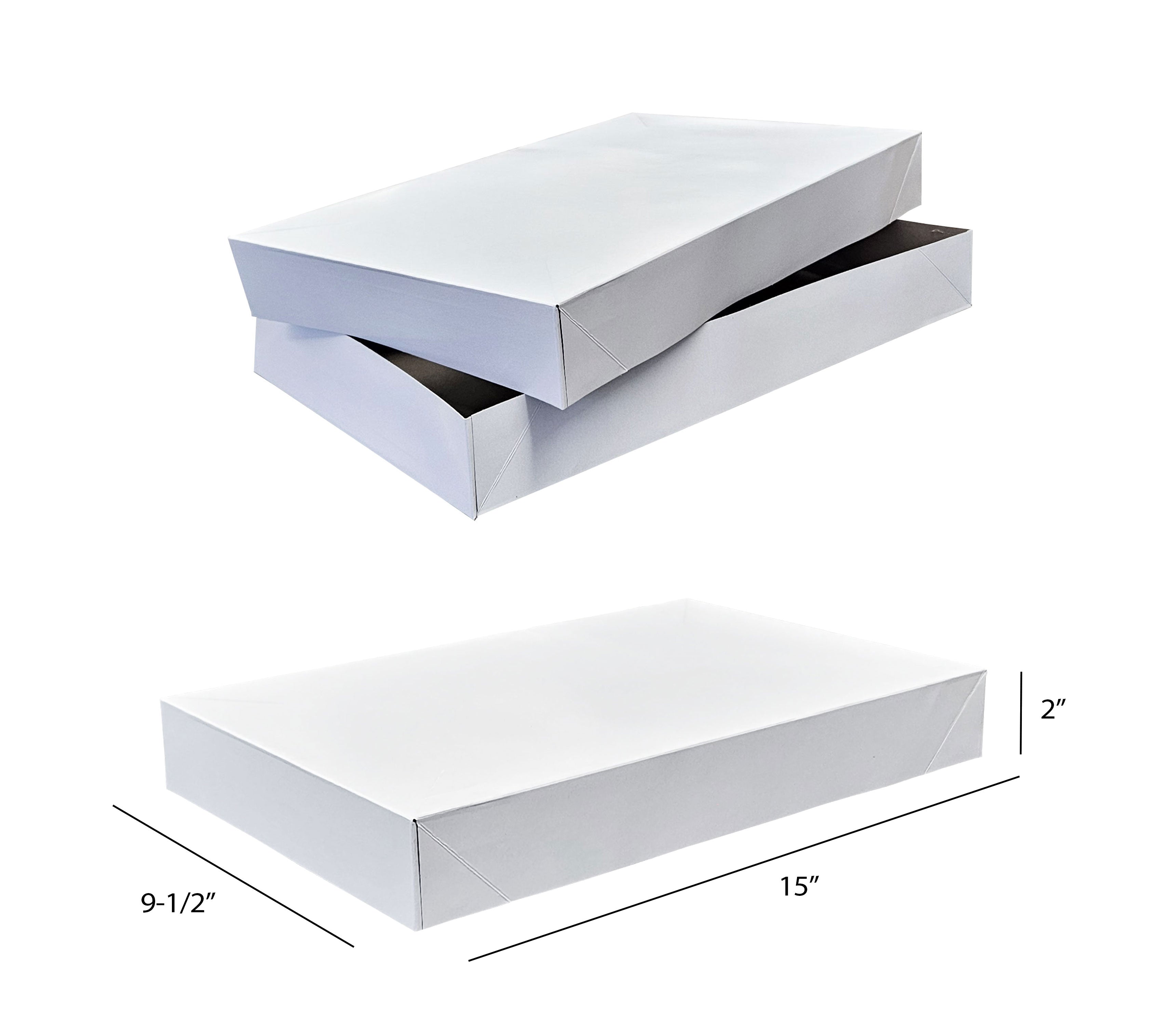 White garment boxes with dimensions indicated on a white background
