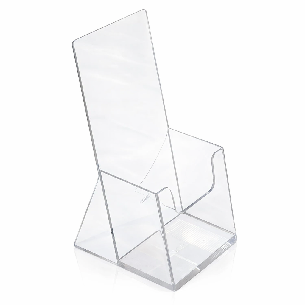 Clear acrylic brochure holder on a white background