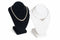 Black and white jewelry display stands with necklaces on a white background