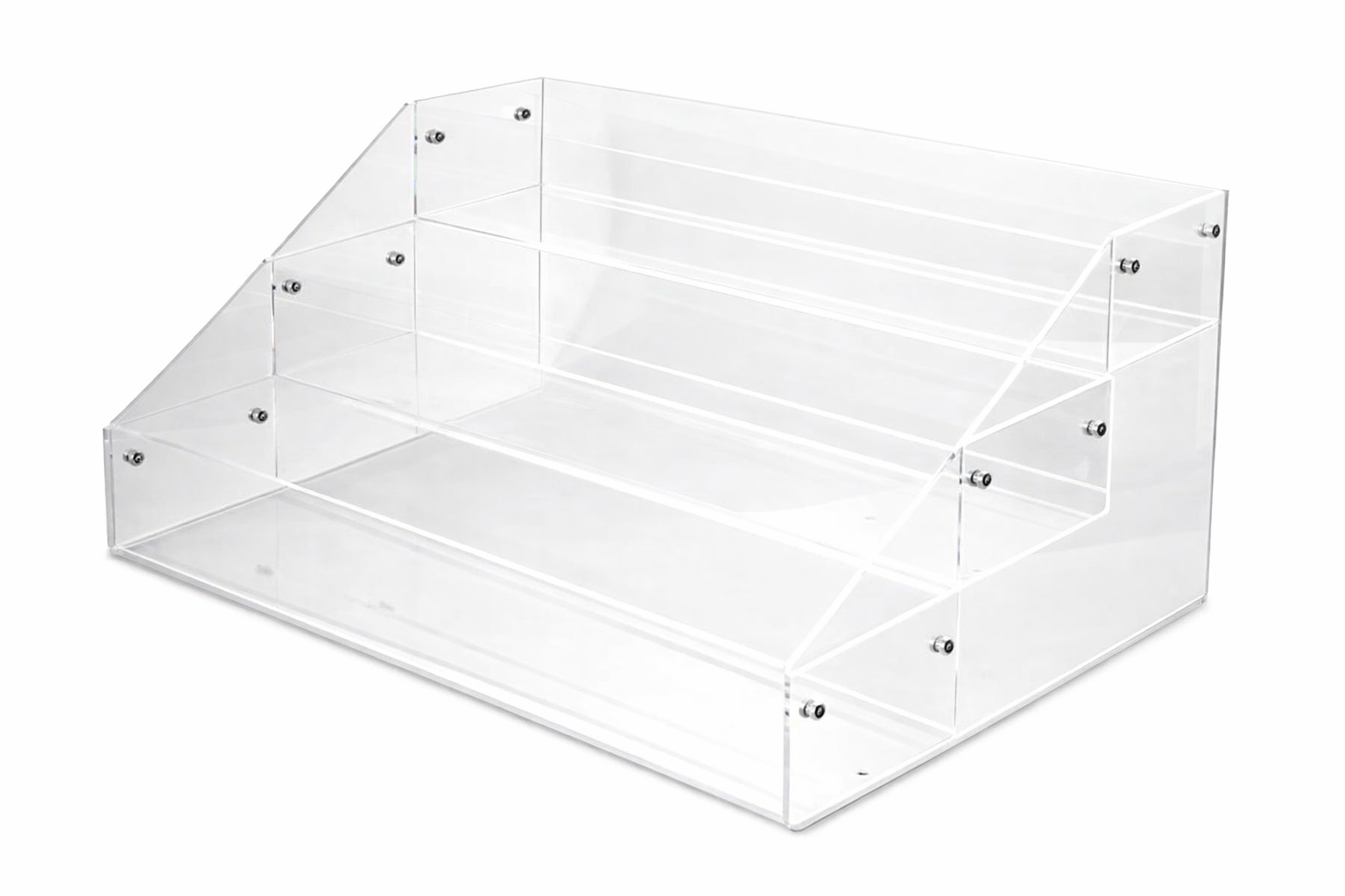 Clear acrylic display rack on a white background