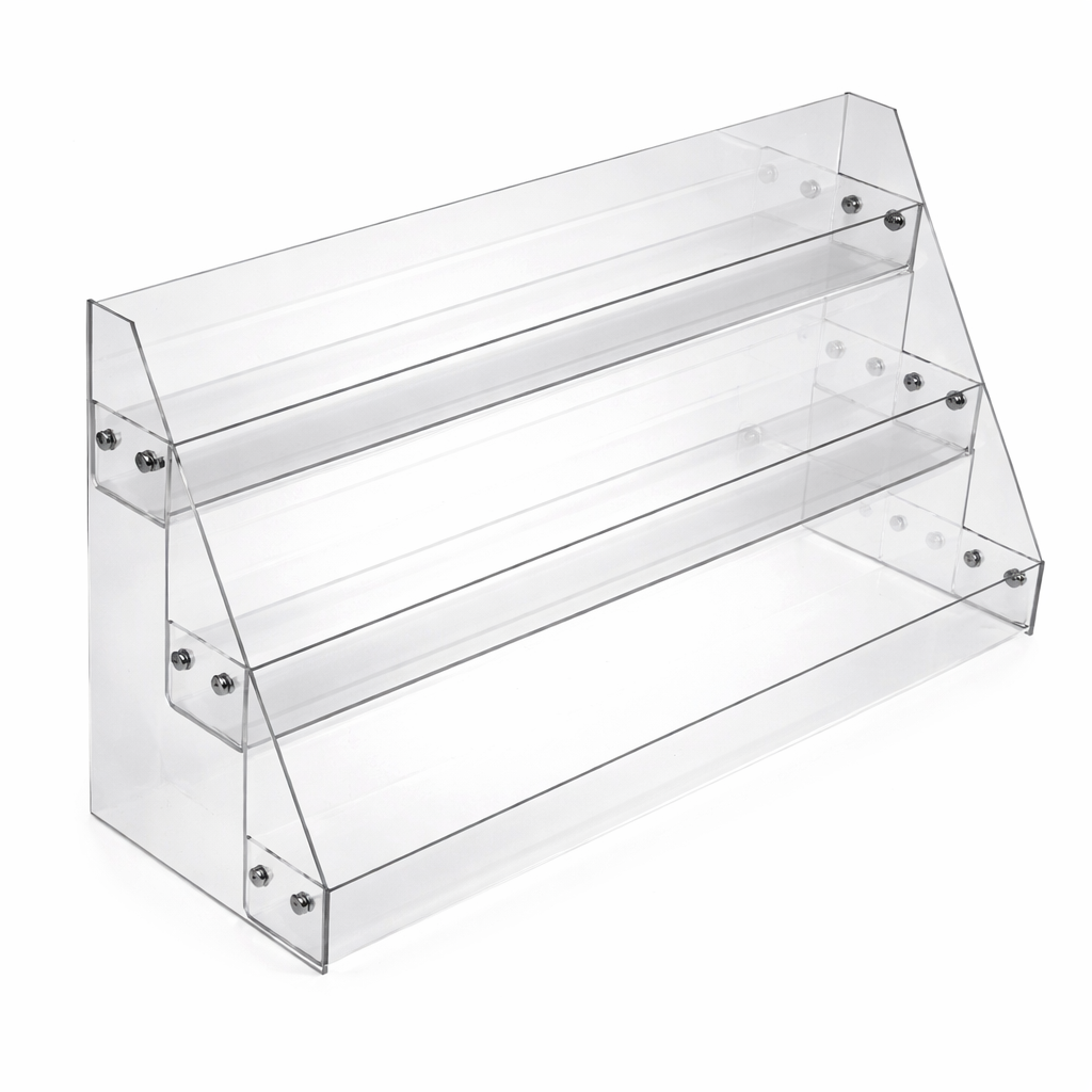 Clear acrylic shelf with three tiers on a white background