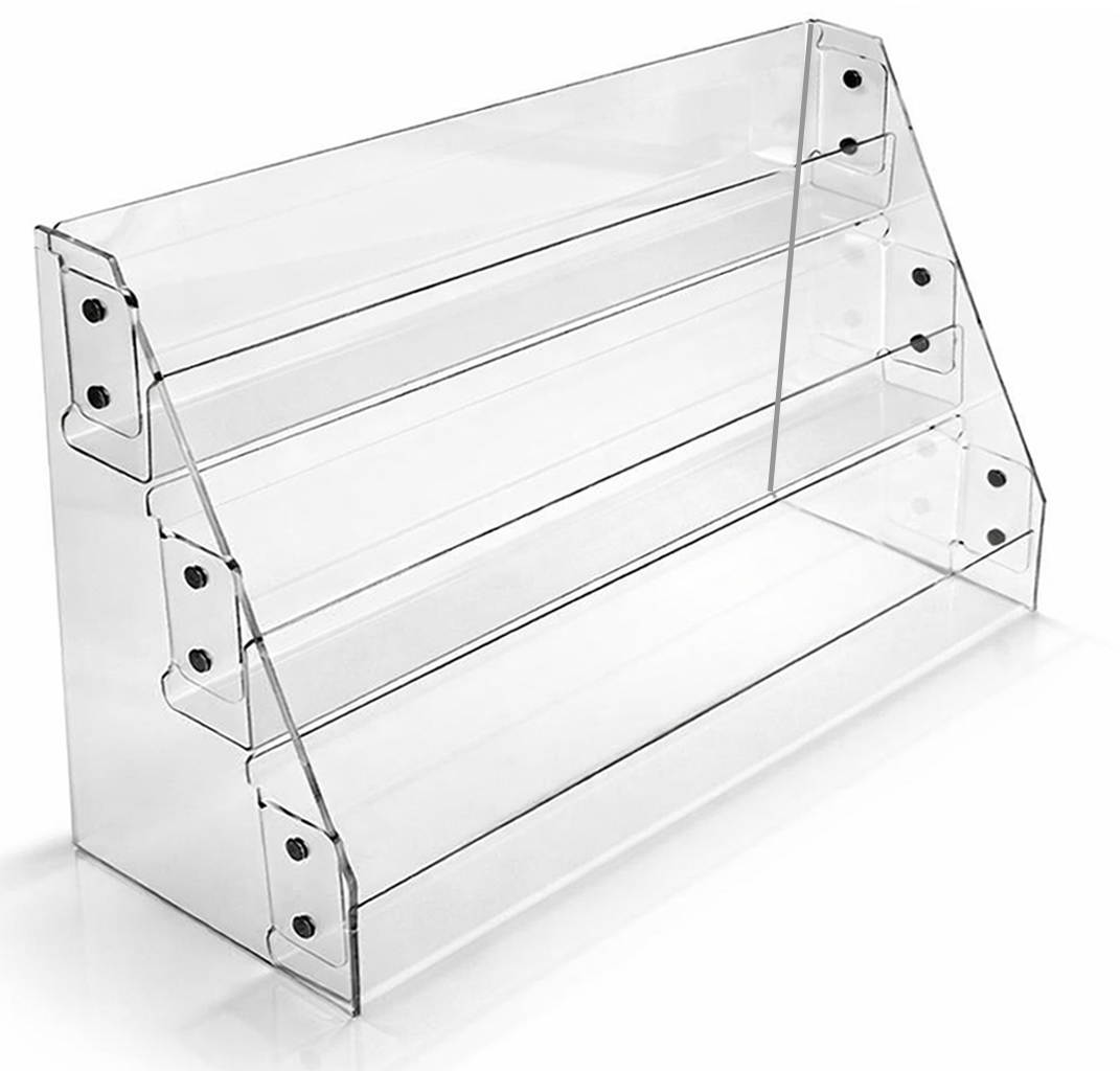 Clear acrylic display rack on a white background
