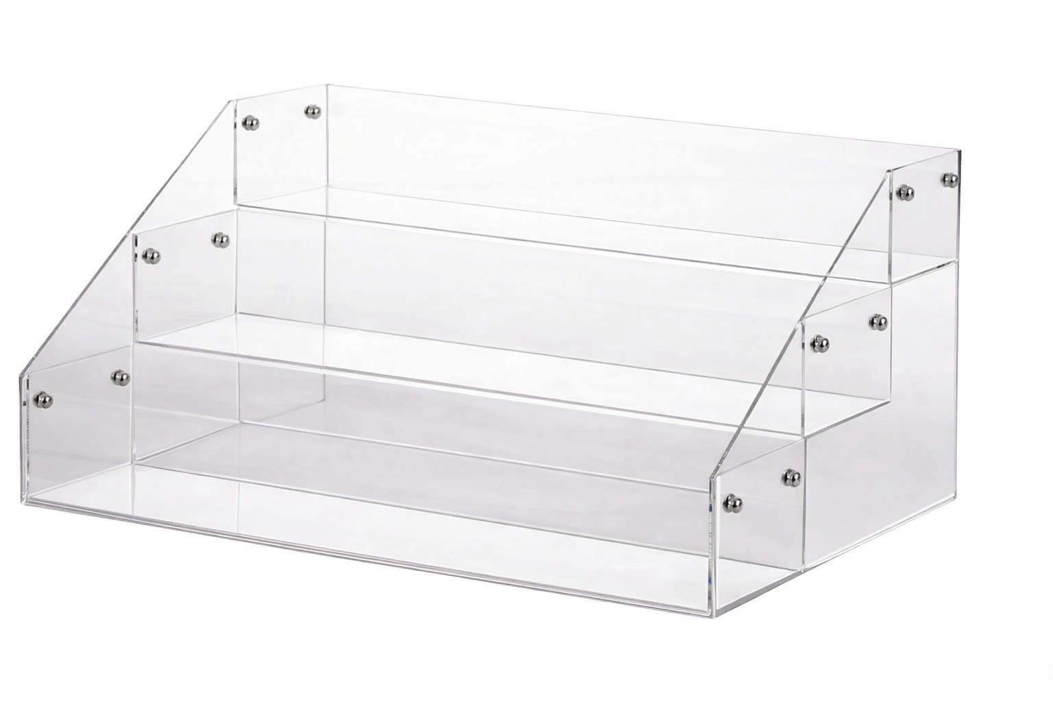 Clear acrylic display stand on a white background