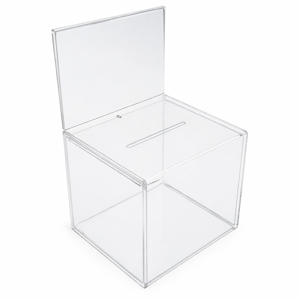clear acrylic ballot box on a white background