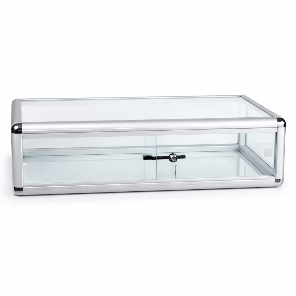 Clear glass display case with metallic frame on a white background