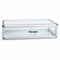 Clear glass display case with metallic frame on a white background