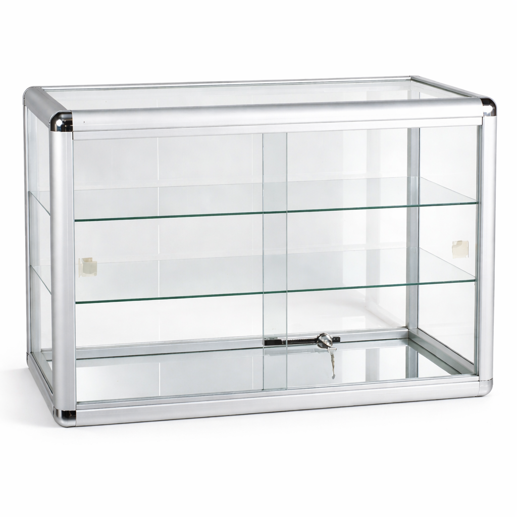 Glass display case with metal frame on a white background