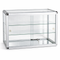 Glass display case with metal frame on a white background
