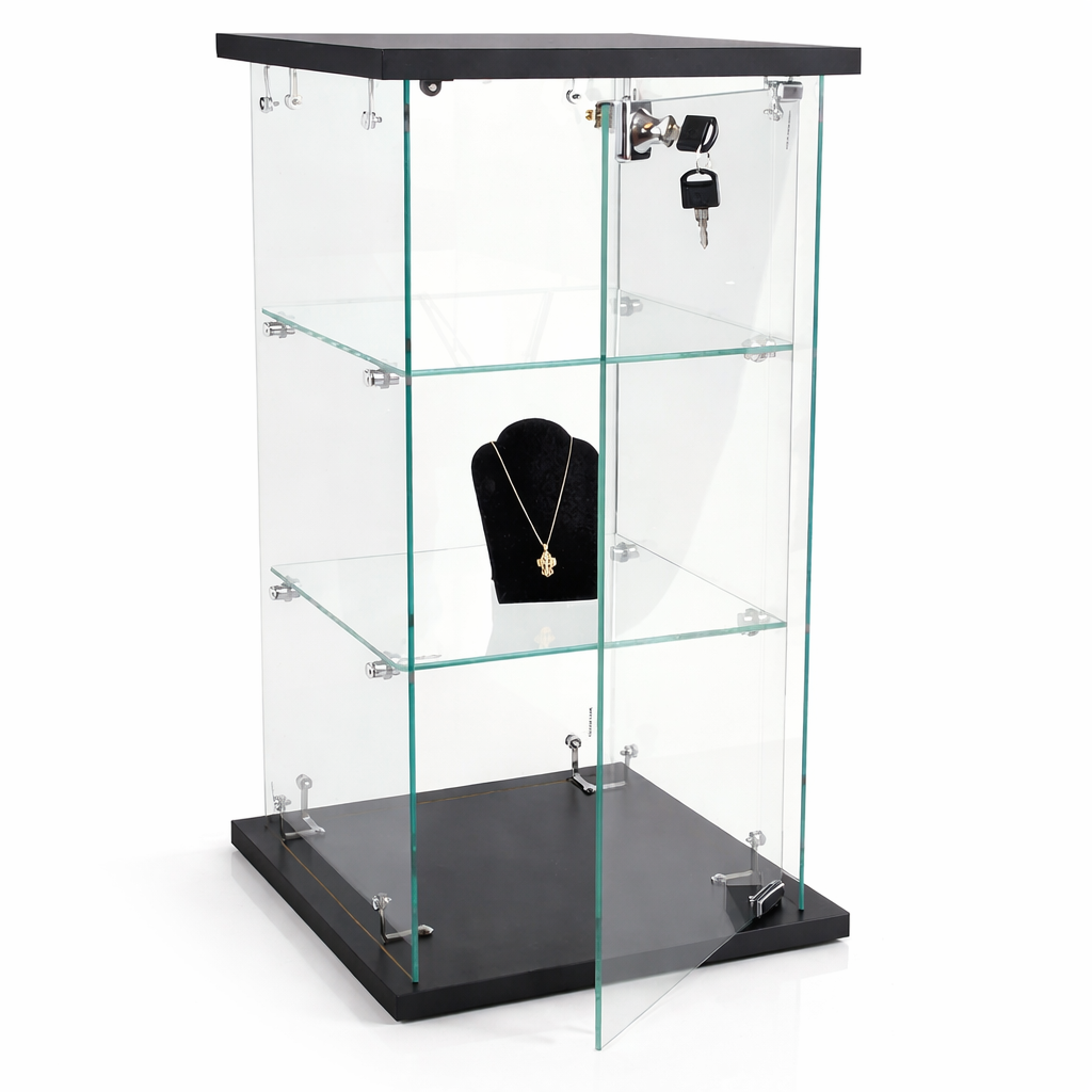 Glass display case with a necklace on a white background