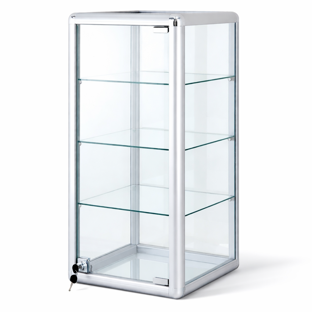 Glass display cabinet with metal frame on a white background