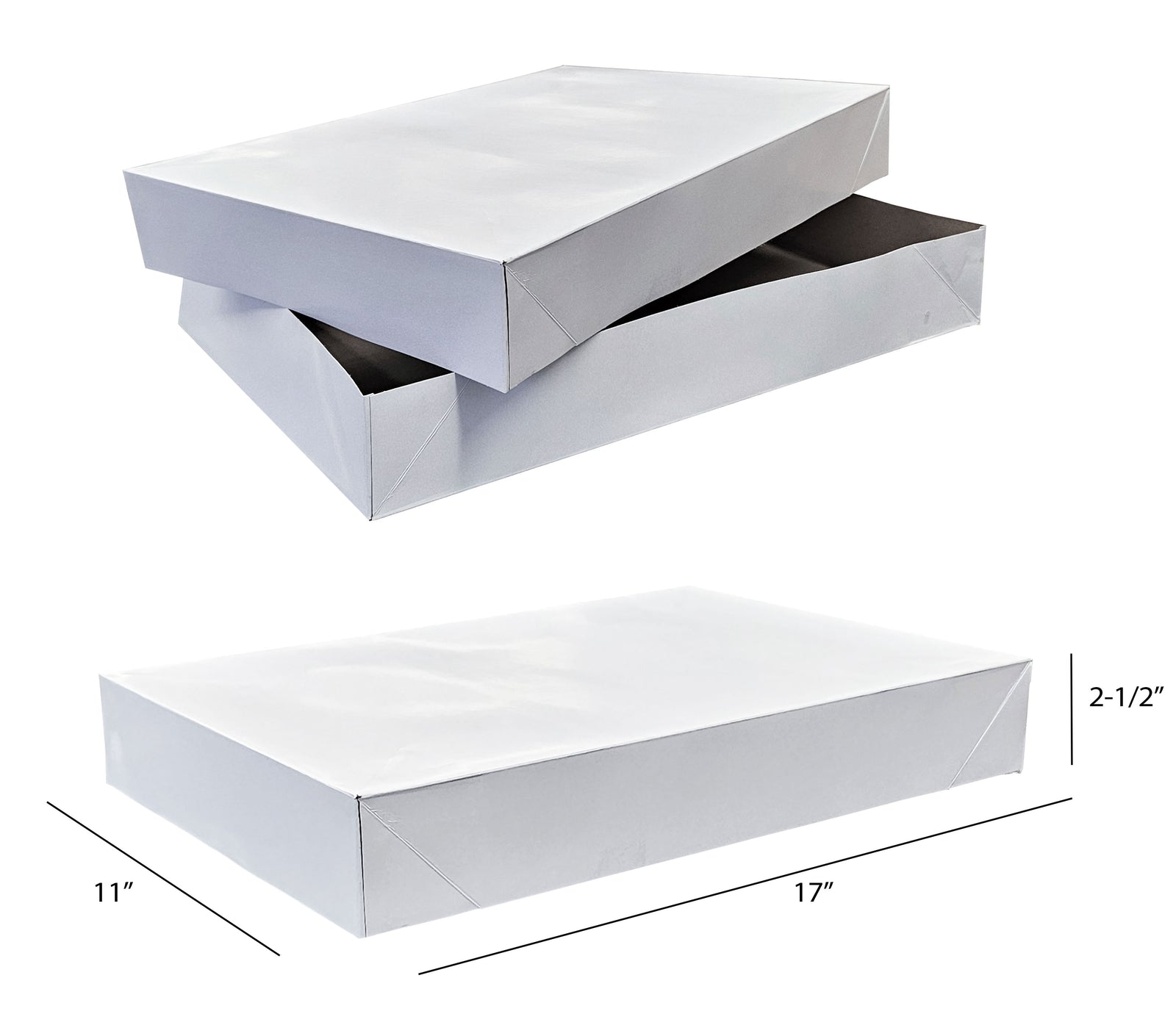 2 White Garment Boxes with one having dimensions on a white background