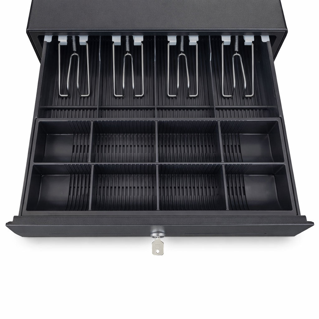 Black cash register drawer with compartments on a white background
