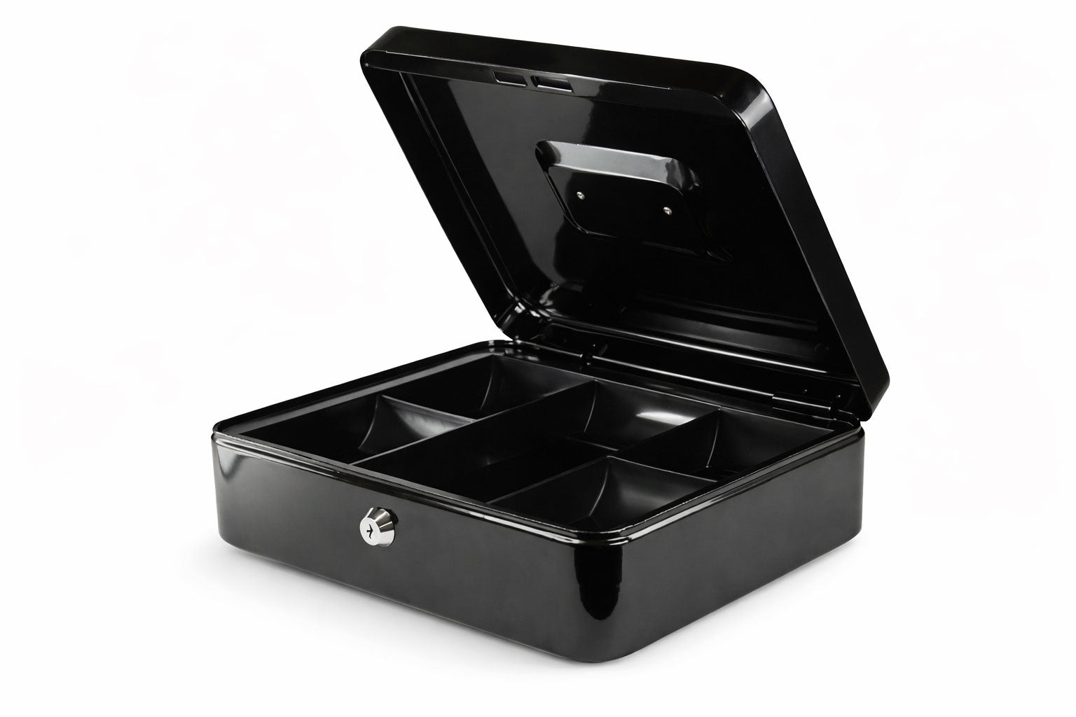 Black cash box with a lock on a white background