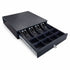 Black cash drawer with open tray on a white background