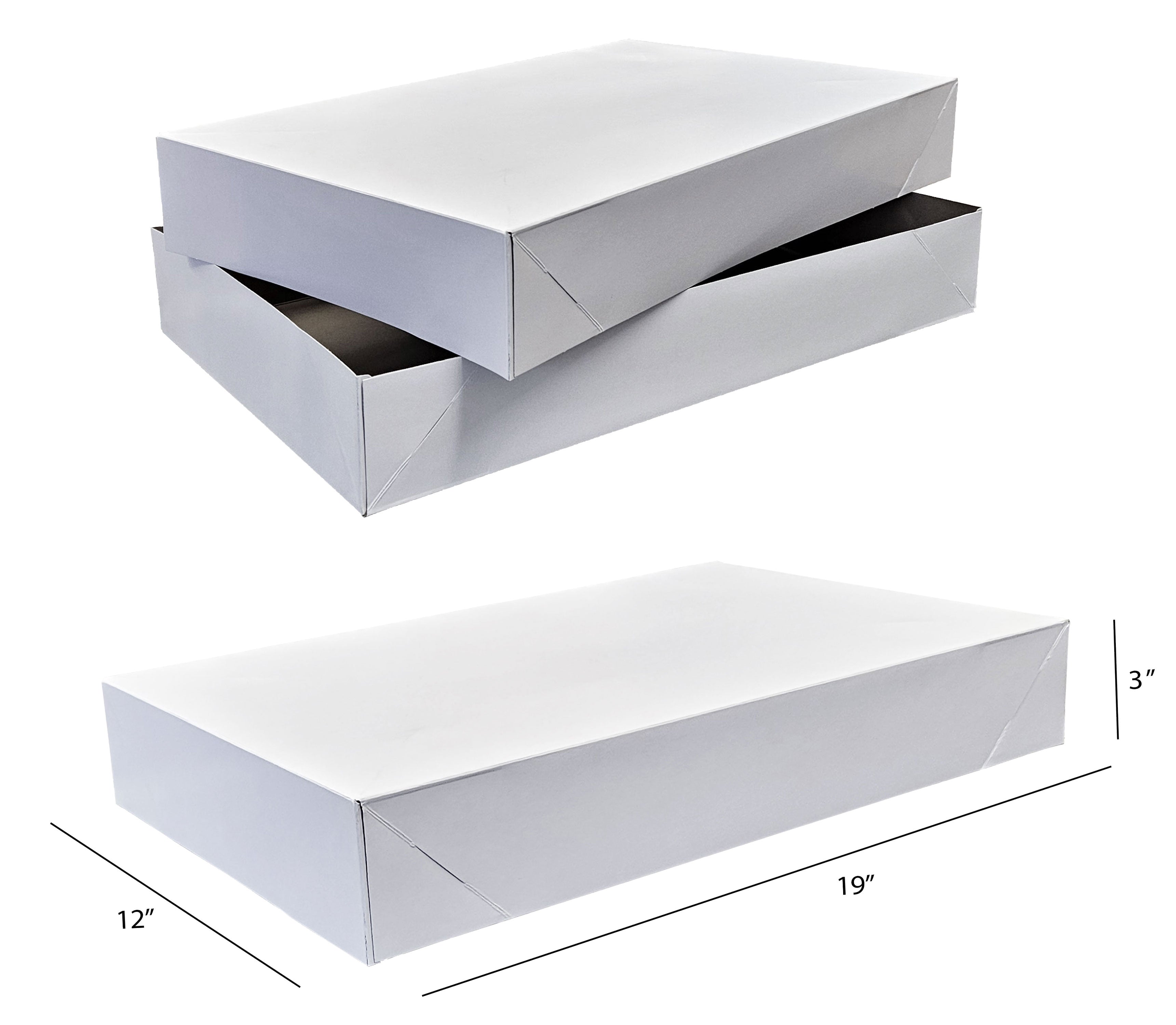 White garment boxes with dimensions on a white background