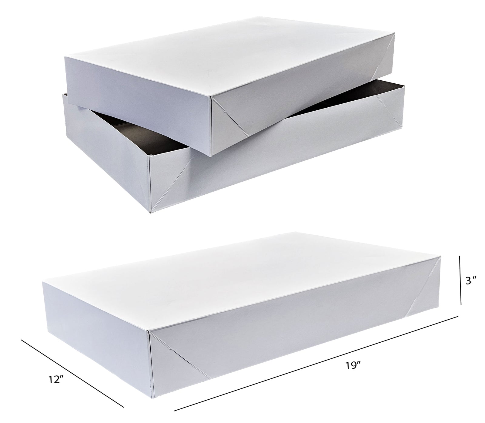 White garment boxes with dimensions on a white background