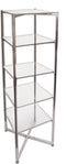 Metal and glass etagere shelf with four shelves on a white background