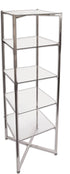Metal and glass etagere shelf with four shelves on a white background